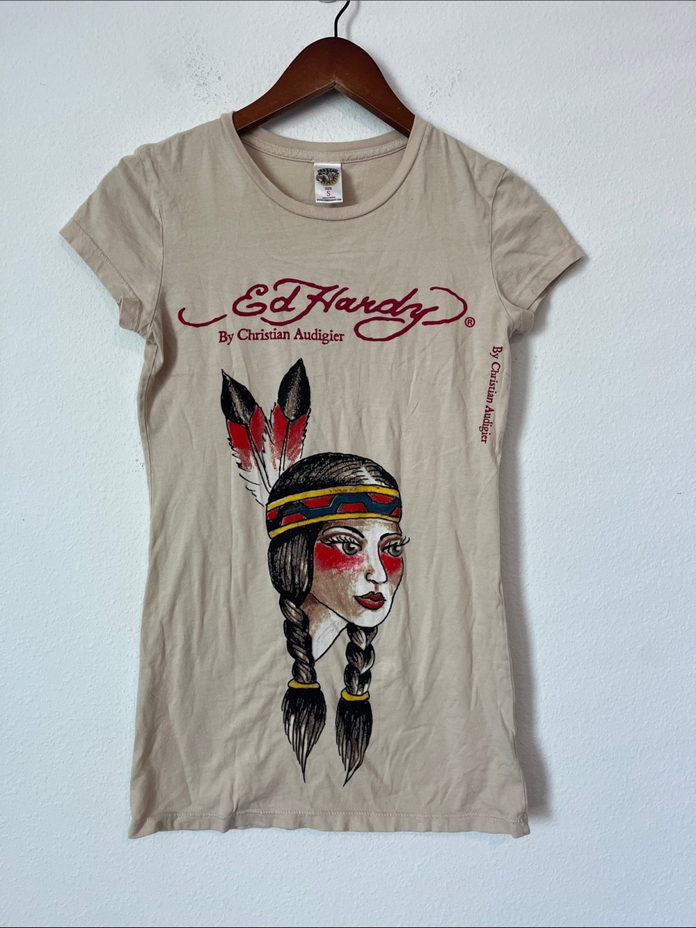 Ed Hardy Beige Y2K Graphic Tee with Native Portrait